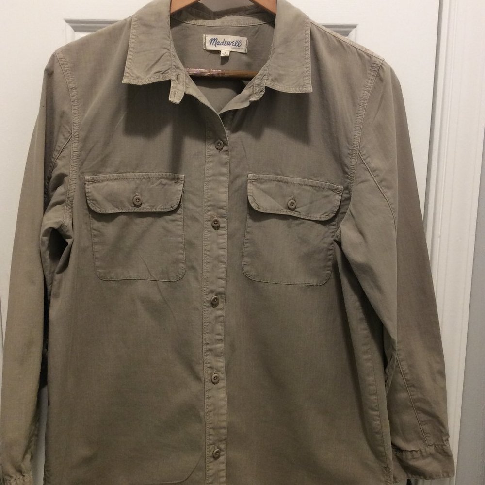 Madewell dark khaki button down long sleeved shirt